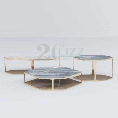 Unique Hexagon Living Room Coffee Table Modern Nordic Marble Top Tea Side Table with Metal Leg