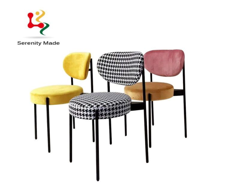 High Quality Coffee Shop Outdoor Furniture Round Velvet Upholstered Metal Frame Dining Chairs