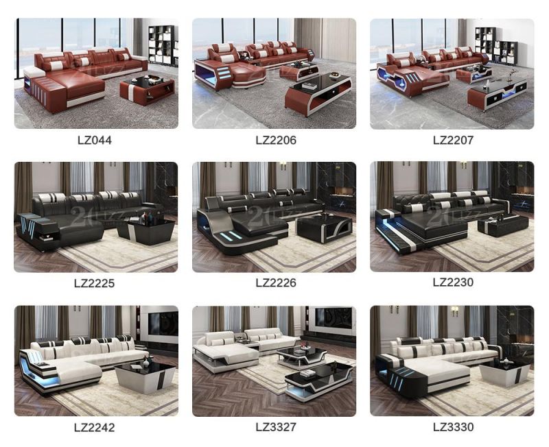 European Style Modern Furniture Living Room LED Sectional Corner Genuine Leather Sofa Bed
