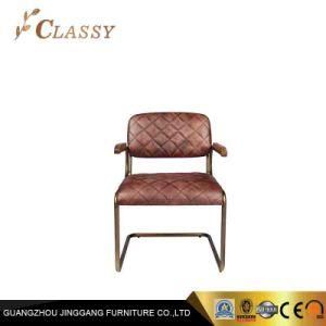 Vintage Luxury Hotel Metal Frame Dining Chair with Brown Grain Leather