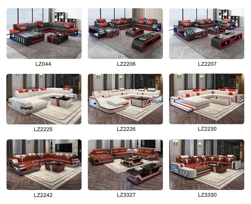 American LED Light Functional Modern Living Room Furniture Home Leather Sectional Sofa with Bluetooth & USB Charger