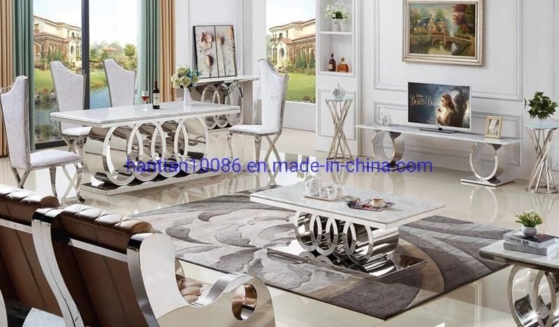 Rectangle Stainless Steel Mirror Marble Top Wedding Table with Four Living Room Chairs