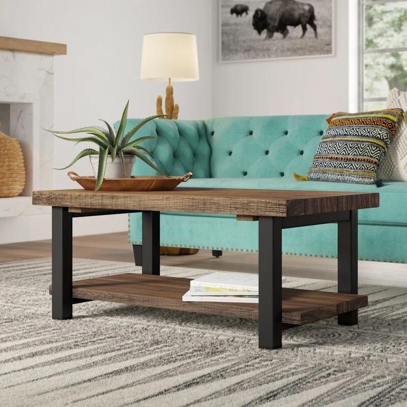 Natural Wood Brown Coffee Table Furniture with Storage Shelf and Metal Frame for Living Room
