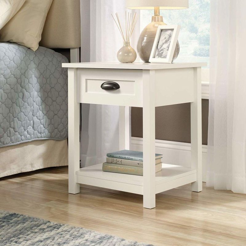 White Finish Sofa End Tables with Metal Handle and Storage Shelf
