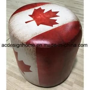 Hot Sale Home Furniture Antique PU Leather Wooden Ottoman with Great British American Canada Country Flags in Round Shape