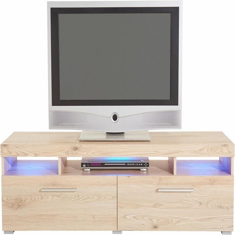 Custom Modern LED Light Brown Wood TV Stand with 2 Large Cabinets