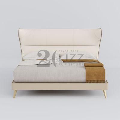 Factory Manufacture European Modern White Geniue Leather Home Bedroom Furniture Luxury Wood Farme King Size Bed