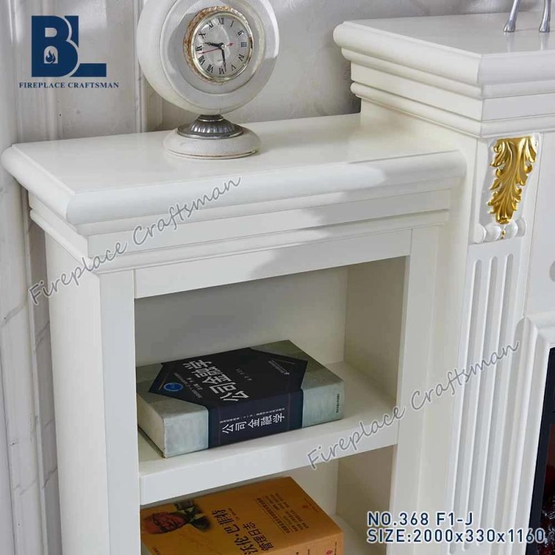 White Wooden Electric Fireplace Mantel Shelf Stand with Gold Resin Carving for Living Room Furniture