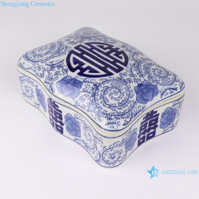 Rxae-FL09-086 Blue and White Rectangular Flower Mouth Happy Pattern Cashew Box Candy Box