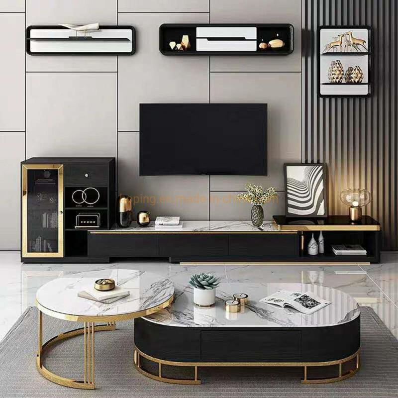 Antique Home Black Marble Rock Beam Top Golden Popular Coffee Table Set with Drawer