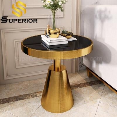 Luxury Black Glass Top Round Gold Frame Side Table