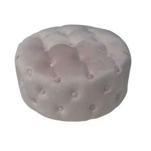 Knobby Button Design Pink Velvet Upholstered Round Stool Ottoman Pouf