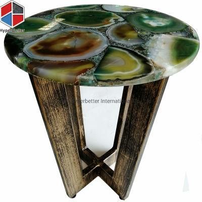 Wholesale Round Light Green Agate Side Table Antique Gold Metal Base