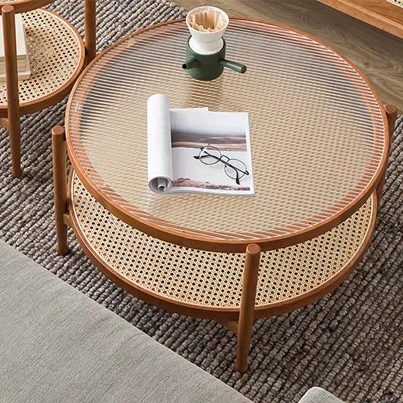 Living Room Furniture Modern Wooden Rattan Coffee Table Combination Round Glass Top Sofa Side Table