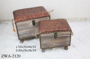 Kd Antique Wooden Storage Box Stool Chair Chest Ottoman with Cushion for Living Room