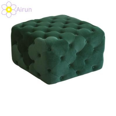 Light Luxury Square Shape Stool Velvet Fabric Cushion Sofa Button Diamond Tufted Pouf