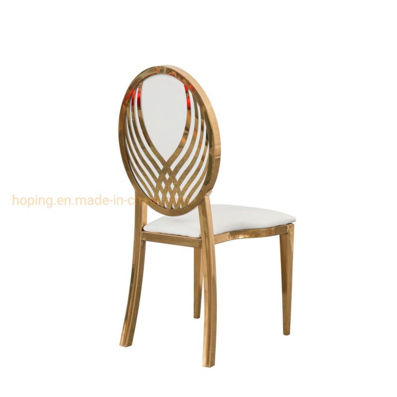 Gold Steel Luxury Stacking Modern Round Back Metal Hotel Restaurant Wedding Banquet Chiavari Dining Chair