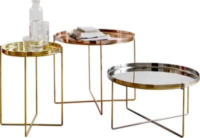 Home Decoration Gold Metal Round End Table with Removable Mirror Tray