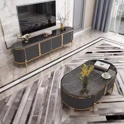 Popular Modern Luxury TV Cabinet Marble Panel Stainless Steel Living Room Hotel Apartment Furniture TV Cabinet