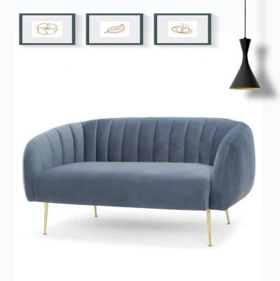 Modern Design Home Dark Blue Velvet Channeled 2 Seat Wooden Sofa Bedroom Lounge Couch