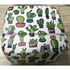 Hot Selling Square Wooden PU Leather Ottoman Patterned with Cactus