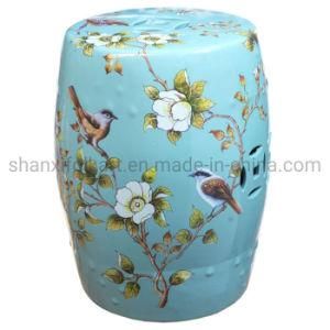 Pale Blue Ceramic Stool, Birds and Flowers