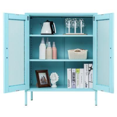 Modern Blue Steel Storage Metal Cabinet with Mesh Door for Diningroom