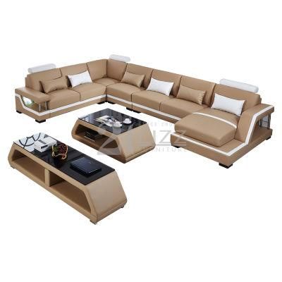 Sectional Corner U Shape European Modern Genuine Leather Living Room Sofa with LED