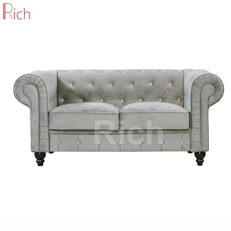 Modern European Living Room Grey Velvet Chesterfield Sofa 2 Seat Knock Down Set Sofa