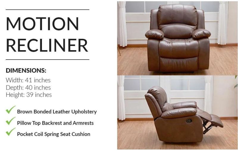 Jky Furniture Luxury Design Top Grain Leather Manual Recliner Sofa Set for (3+2+1) with Over-Filled Cushion and Customizable Drop Down Table