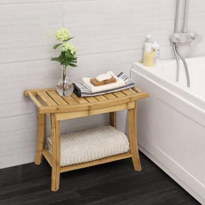 Amazon Hot Eco-Friendly Bamboo Shower Bench with Shelf Wooden 2-Tier Bathroom and Shoe Organizer with Storage Shelf
