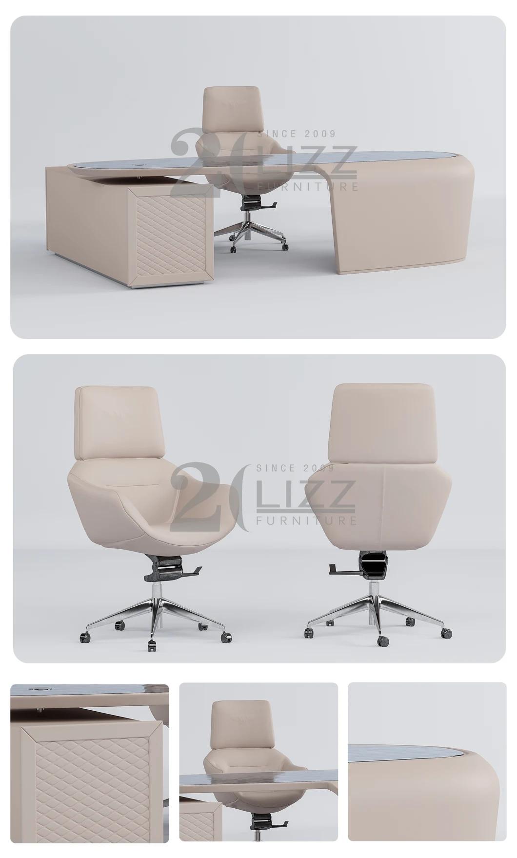 Luxury Modern Style Home Office Furniture Leisure Glass Top Table & Leather Chair with Four Wheels