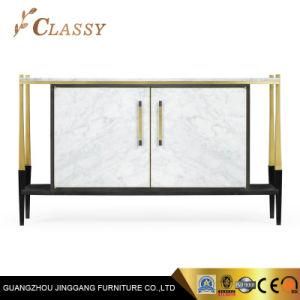 Double Drawers Solid Wood Top Golden Metal Steel Legs Marble Face Home Cabinet