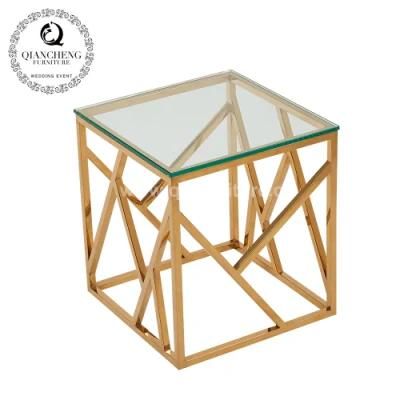 Golden Stainless Steel Nightstand Small Side Table with Clear Tempered Glass