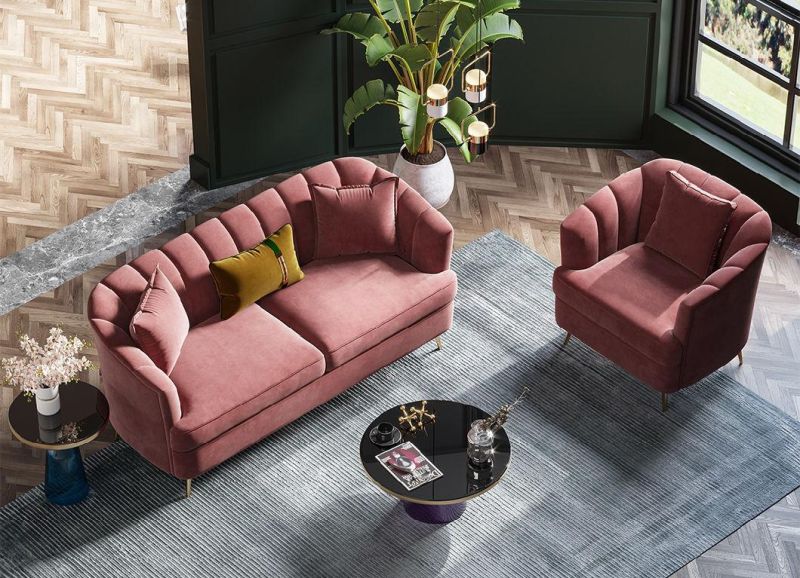Modern Well Sell Home Household Apartment Pink Fabric Soft Cushion Leisure Seater Sectional Living Room Sofas with Golden Legs
