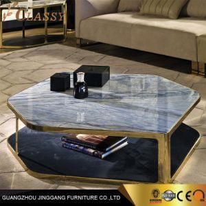 Luxury Modern Marble Top Coffee Table with Metal Stainless Steel Frame 2 Layers