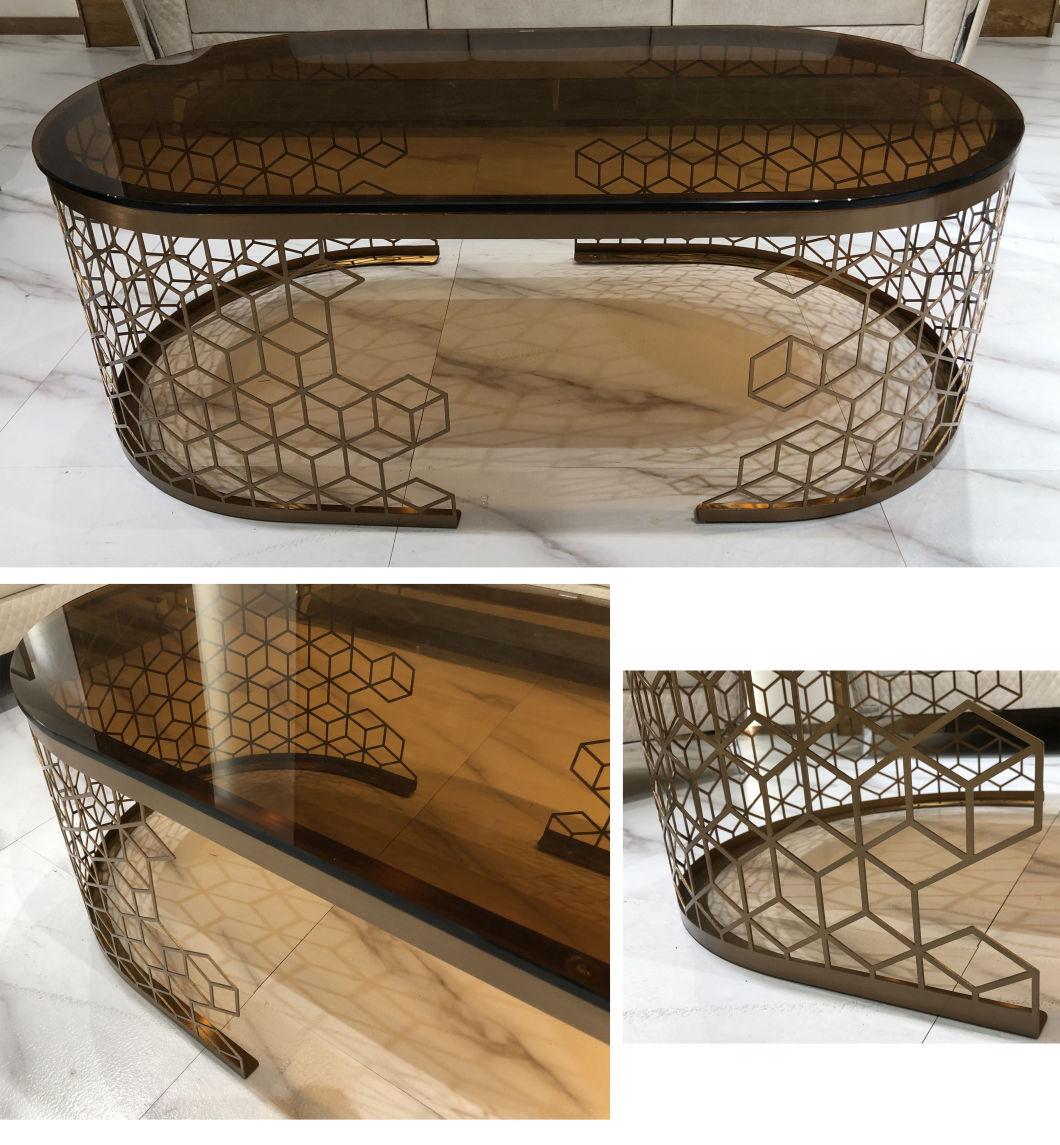 Laser Cut Honeycomb Shape Glass Metal Coffee Table for Living Room Home Furniture