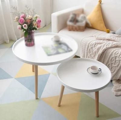 Modern Wooden Side Table Tea Table for Living Room Round Tray Coffee Table with Solid Wood Leg