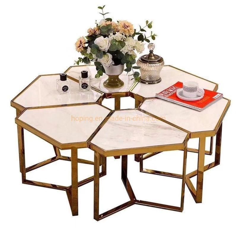 Whirl Shape Luxury Modern Square Marble Coffee Table Dining Table with Brass Metal Base