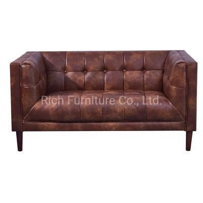 Modern Lounge Design Furniture Vintage Brown Leather Loveseat Couch Living Room Wooden Sofa