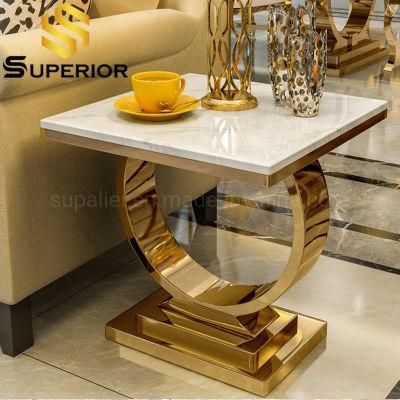 China Royal Gold Base Marble Square Corner Side Table