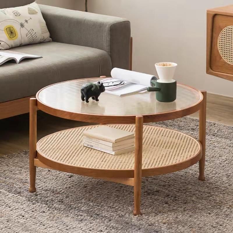 Living Room Furniture Modern Wooden Rattan Coffee Table Combination Round Glass Top Sofa Side Table