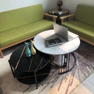 Marble Round Coffee Table Black Wooden Tabletop Metal Frame with Four Yellow Leather Surface Stools Magic Cube Tea Table
