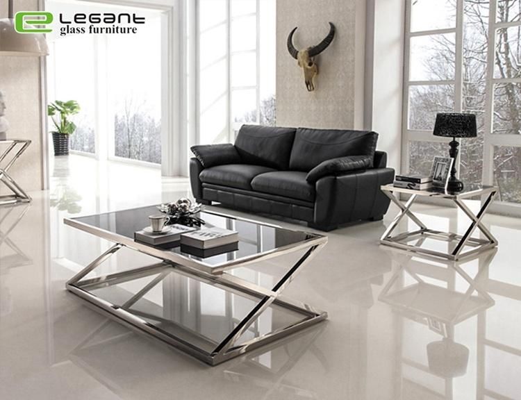 Black Painted Tempered Glass Coffee Table with Cross Leg