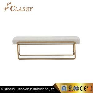 Polished Stainless Steel Frame with Brass Finish Base Bench in White Linen Velvet Fabric for Living Room