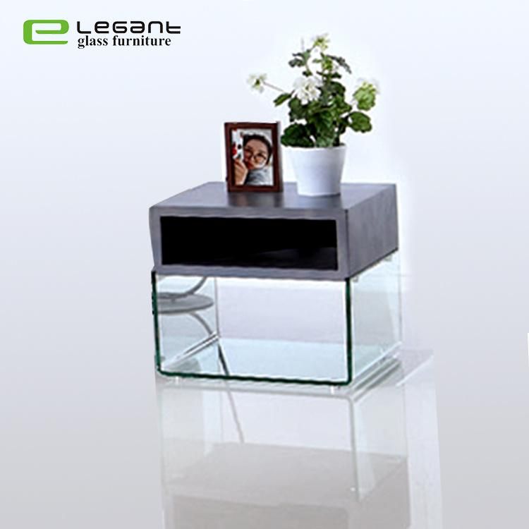 Clear Glass Side Table with Ash Wood Veneer