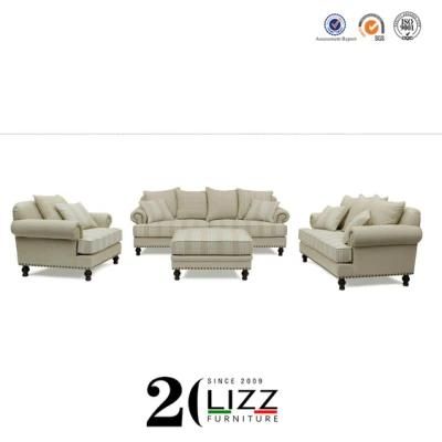 European Style Home Living Room Furniture Set Velvet /Linen Fabric Sofa with Wooden Stool