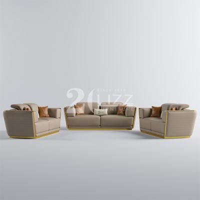 Hot Selling Modern Style Home Furniture Gold Stainless Steel Frame Living Room Genuine Leather Sofa