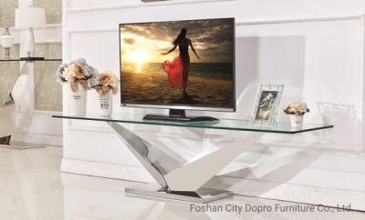 High Quality Stainless Steel V-Column TV Station with Glass Top