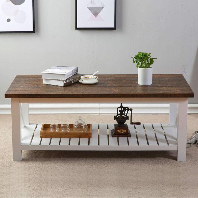 Wood Rustic Coffee Table Farmhouse Vintage Cocktail Table with Shelf for Living Room White and Brown